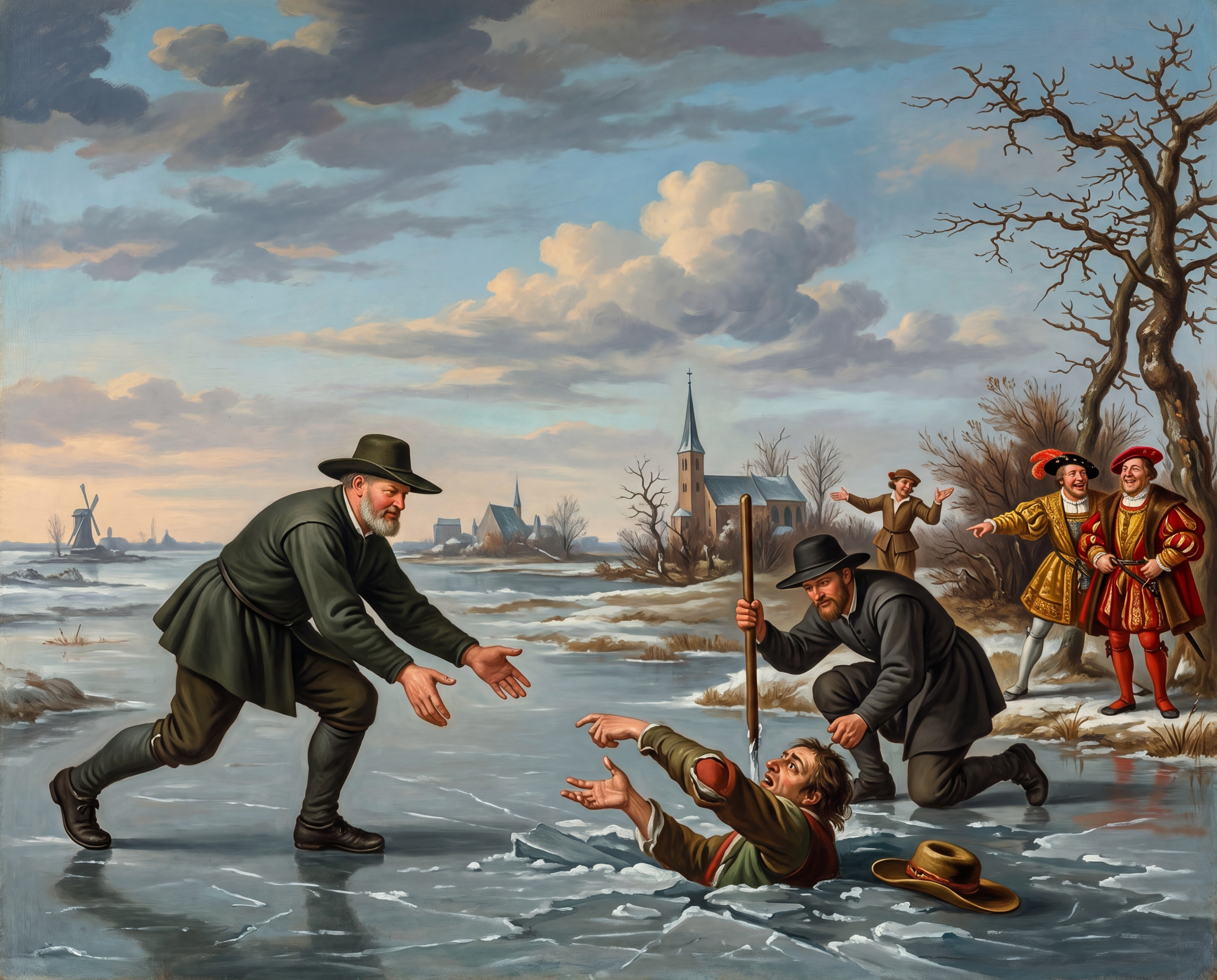 Hutterite Anabaptist men in plain dark clothing rescue a drowning man from frozen ice while nobles mock from the shore — depicting brotherhood, community, and pacifist values of the Hutterian Brethren, circa 1530s